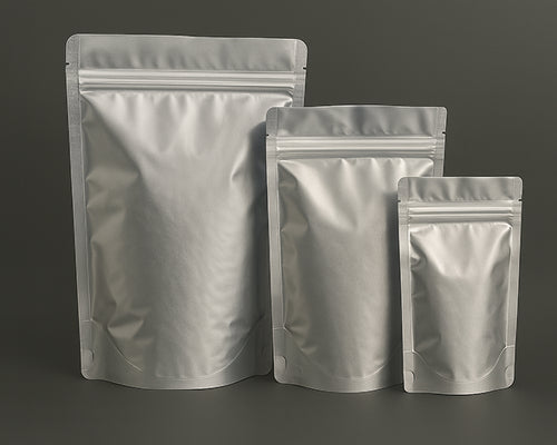 Three metallic silver stand-up pouches of different sizes on a dark gray background
