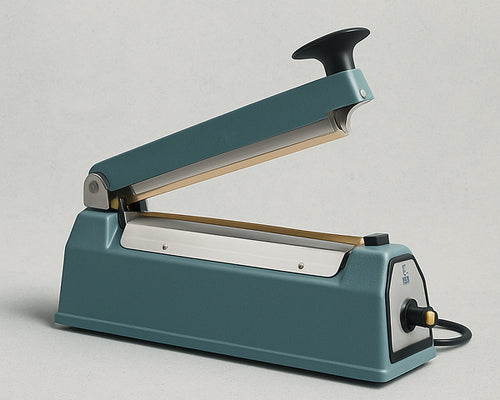 Teal sealing machine on a light gray background