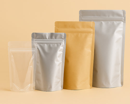 Four different types of packaging bags on a beige background
