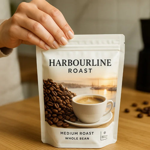 Woman sealing resealable zip on a custom printed Harbourline Roast coffee stand up pouch on wooden kitchen counter.