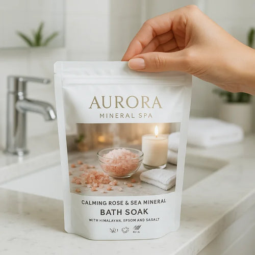 Hand sealing resealable Aurora Mineral Spa bath soak stand up pouch on white bathroom counter.