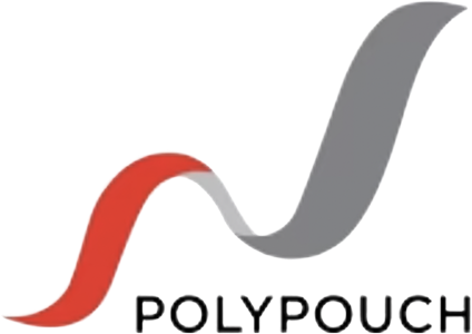 Polypouch logo with a red and gray wavy design on a white background