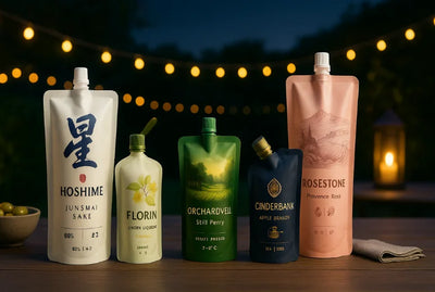 Branded alcohol spout pouches with, centre and corner spouts, shaped doypacks and screw cap closures for wine and spirits.