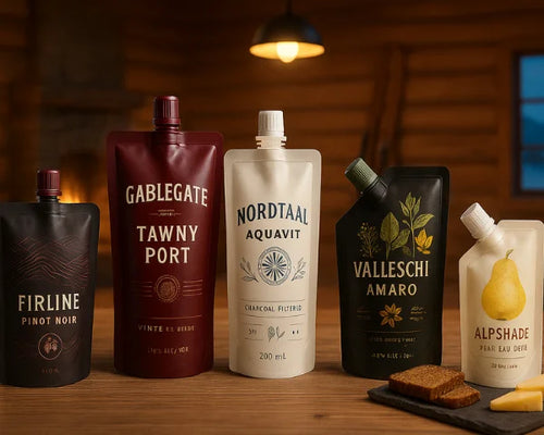 Collection of various alcohol spout pouches on a wooden surface.