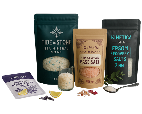 Assorted bath salt pouches with custom printed artwork and clear windows, shown with a jar, spoon, lemon and leaves.