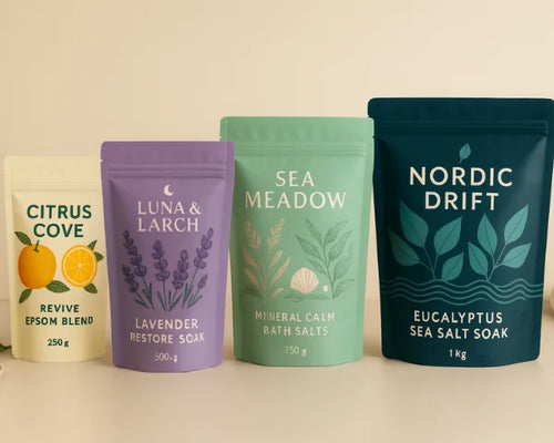 Branded stand up pouches for bath salts in four sizes with custom printed designs — Citrus Cove, Luna & Larch, Sea Meadow and Nordic Drift — on a neutral background.