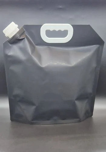 A black 5 litre corner spout pouch with handle.