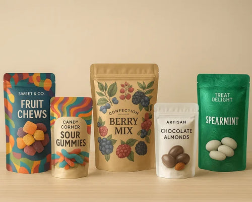 Custom printed confectionery pouch packaging with five stand up pouches for fruit chews, sour gummies, berry mix, chocolate almonds and spearmint.