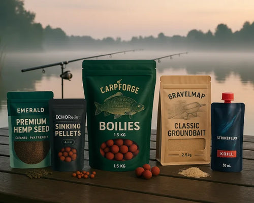 Five fishing bait pouches on a lakeside deck with fishing rods in the background, showing hemp seed, pellets, boilies, groundbait, and liquid bait