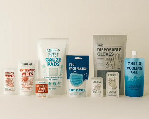 Nine custom printed medical pouches for first aid and healthcare including stand up pouches, one spout pouch and sterile sachets for gloves, gauze pads, face masks and cooling gel.