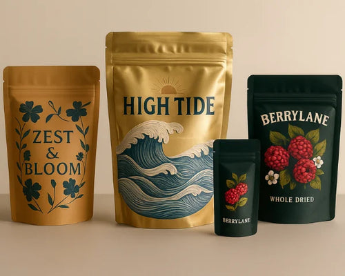 Four custom printed stand up pouches with resealable zips and gusset bases in metallic gold, matte gold and dark green.