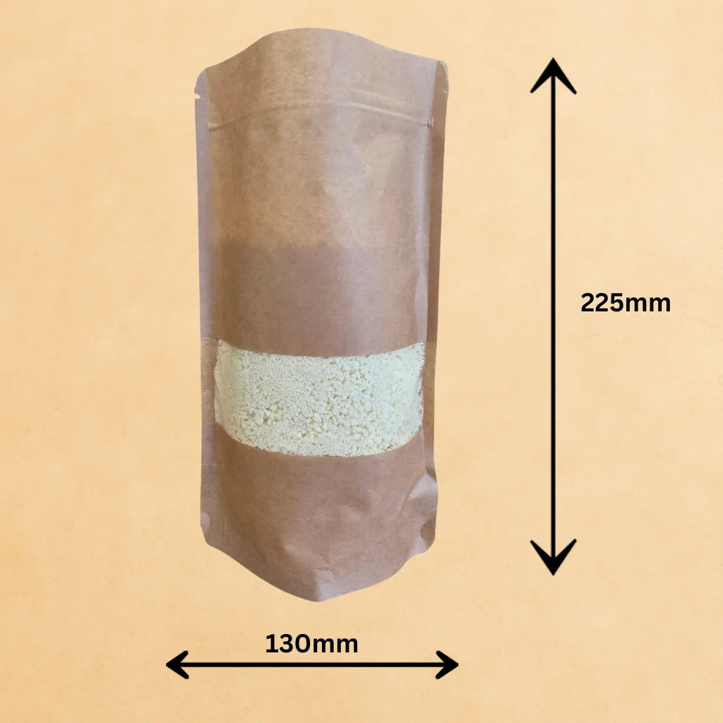 Brown kraft windowed resealable pouch dimensions 130mm × 225mm