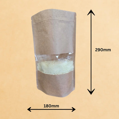 Brown kraft windowed resealable pouch dimensions 180mm × 290mm