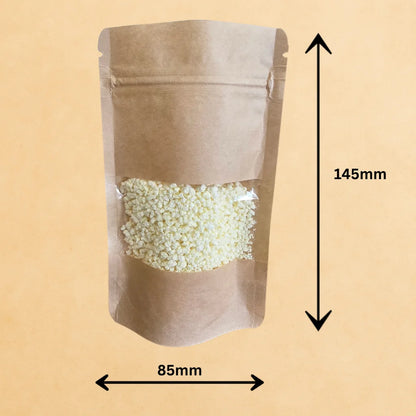 Brown kraft windowed resealable pouch dimensions 85mm × 145mm