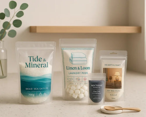 Clear pouch packaging with resealable stand up pouches and sachets for granola, bath soak, floral tea and cocoa almond crunch
