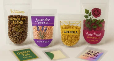 Assorted health and beauty products including coffee beans, bath soap, granola, and face mask packaging on a white background.