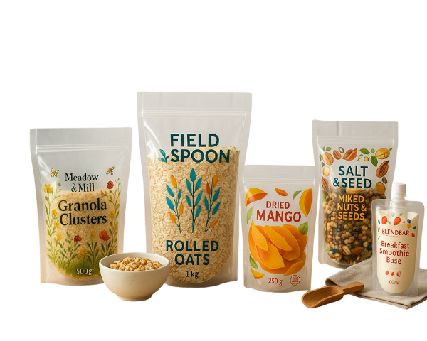 Resealable stand up pouch packaging with clear food pouches and a spout pouch holding granola, rolled oats, dried mango, mixed nuts and smoothie base.