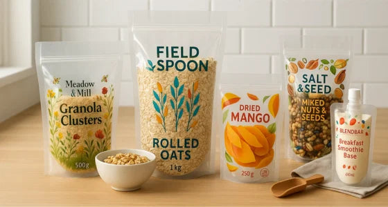 Clear custom printed pouches featuring fully transparent stand up zip pouches, clear window stand up bags, and a clear spout pouch for liquid fills.