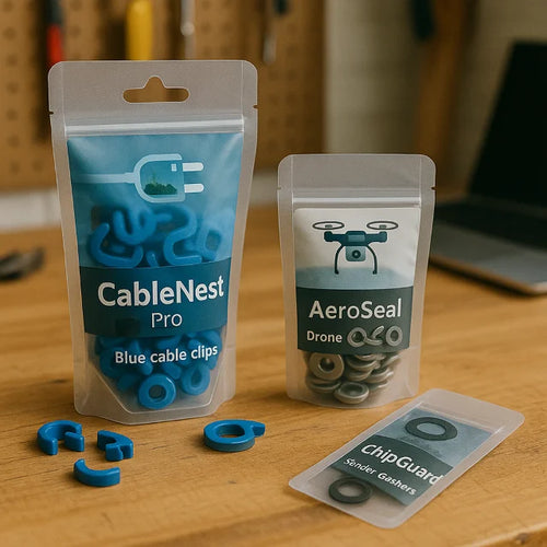 Custom printed clear stand up pouch and sachet packaging with hardware cable clips and gaskets on a wooden workshop table.