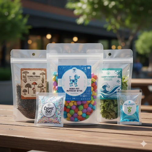 Custom clear pouches with diverse branding: pet food, snacks, mushrooms, confetti packaging.
