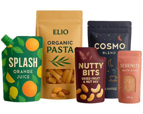 eco-friendly pouch packaging with kraft stand up pouches and a resealable spout pouch for juice, pasta, nuts, coffee and bath soak.