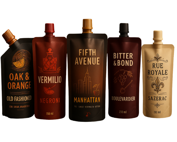 Row of five cocktail spout pouches: Oak & Orange Old Fashioned, Vermilio Negroni, Fifth Avenue Manhattan, Bitter & Bond Boulevardier, Rue Royale Sazerac.