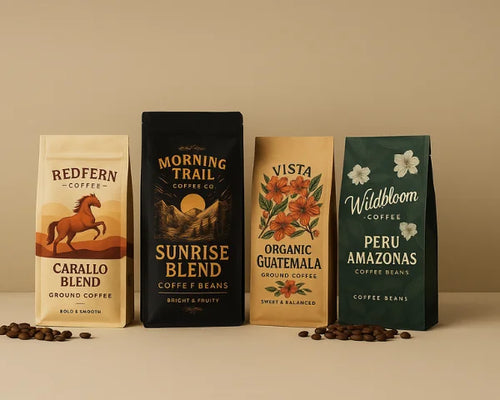 Four custom printed custcoffee pouches on a beige background, Redfern Caballo Blend, Morning Trail Sunrise Blend, Vista Organic Guatemala, and Wildbloom Peru Amazonas, with coffee beans in front.