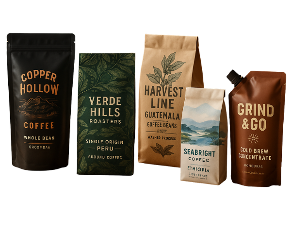 Five coffee pouches on a neutral background: black stand up pouch, green flat pouch, tall kraft gusset bag, small white sample bag, and brown spout pouch for cold brew.