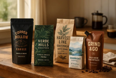 Custom printed coffee pouches and bags with stand up coffee pouch with zip and valve, flat bottom and side gusset kraft bags, plus a cold brew spout pouch.