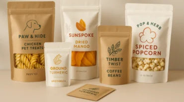 Compostable pouches for food packaging with custom printed stand up bags for pet treats, dried mango, popcorn, coffee beans and spices.