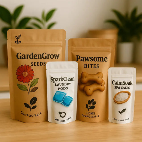 Custom printed compostable kraft stand up pouches for seeds, laundry pods, dog treats and spa salts on a wooden surface with plants in the background.