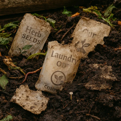 Decomposing compostable kraft pouches breaking down in a rich compost heap with soil, worms and organic food waste.