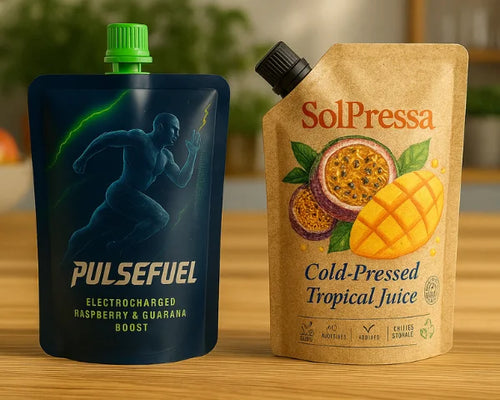 Two spout pouches on a wooden surface, one dark pouch with centre spout for an energy drink and one kraft pouch with corner spout for tropical juice.