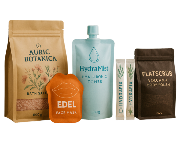 Cosmetic pouch set; flat bottom bath salts, spouted doypack toner, lip-mask, two stick packs, stand up body polish.