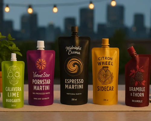 Assorted custom printed alcohol spout pouches against a cityscape background.