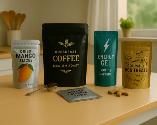 Custom printed foil pouches for food packaging, four stand up pouches with resealable zips and gusset bases plus one flat foil sachet.