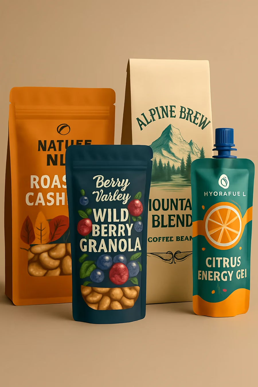 Assorted custom printed pouch packaging with nuts, granola, coffee beans and citrus energy gel spout pouch.