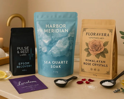 Three custom printed bath salt pouches on a bathroom counter from Pulse & Rest Labs, Harbor Meridian and Floravera, with salt spoons, rose petals and a lemon wedge.