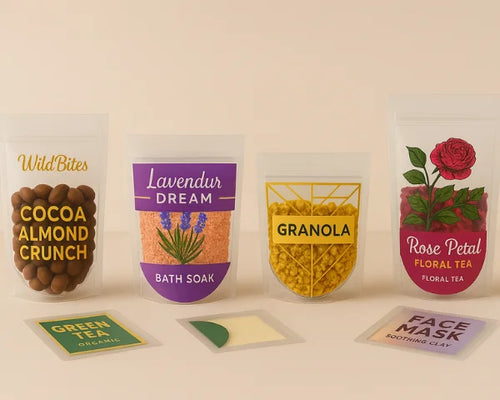 Clear pouch packaging with resealable stand up pouches and sachets for granola, bath soak, floral tea and cocoa almond crunch.