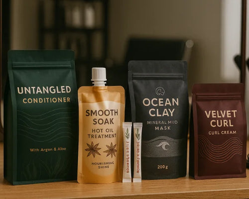 Five cosmetic pouches on a salon counter; flat bottom conditioner, spouted hot oil, two stick samples, stand up mud mask, flat bottom curl cream.