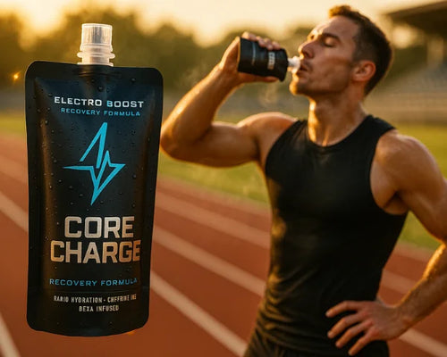 Black spout pouch for a sports recovery drink with an athlete on a running track drinking from the same pouch.