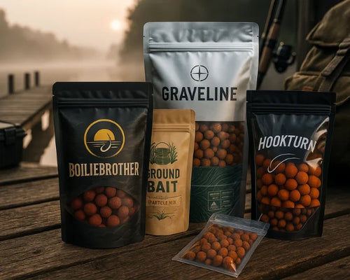 Assorted fishing bait packaging on a wooden deck by the water at sunrise, including boilies, groundbait, and particle mix pouches.