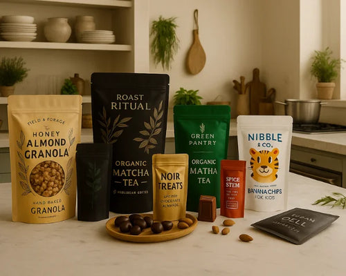 Custom printed food pouches displayed in a kitchen setting including stand up pouches for granola, matcha tea, chocolate, spices, and banana chips.
