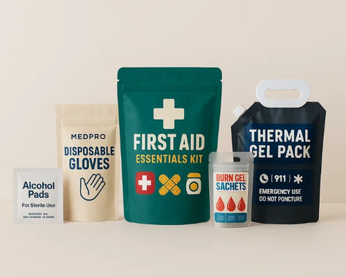 Five custom printed medical pouches, including stand up pouch, spout pouch, sachet and flat pouch.