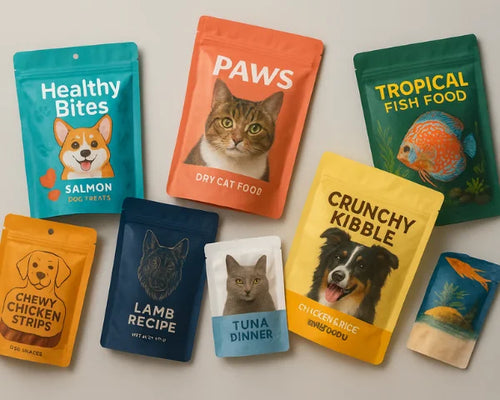Eight custom printed pet food stand up pouches for dogs, cats and fish with resealable zips, gusset bases and hang holes.