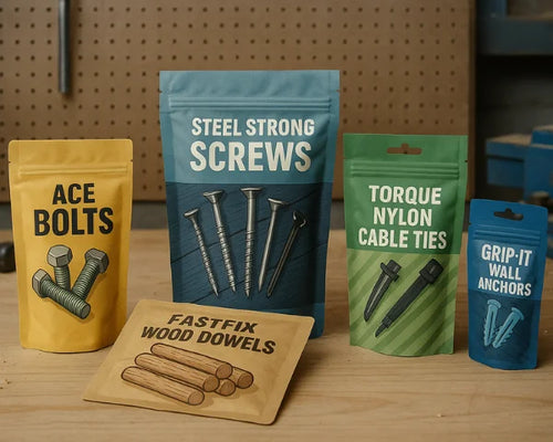 Our custom printed pouch packaging for hardware in multiple formats. Stand up pouches and flat pouches, featuring bolts, screws, cable ties, wall anchors and wood dowels.
