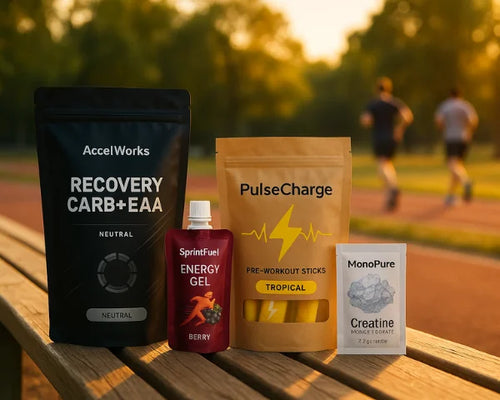 Four custom printed supplement pouch packaging on a wooden bench by a running track at golden hour.