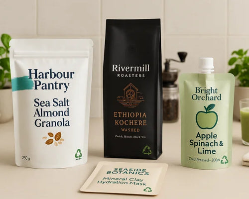 Recyclable pouch packaging: stand up doypack, side gusset pouch, spout pouch and flat sachet on lifestyle background.