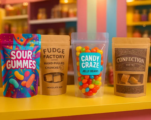 Four custom printed confectionery pouch packaging stand up pouches with resealable zips and gusset bases, including kraft, kraft with window, clear front and matte laminate.