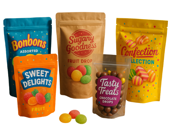 Five custom printed confectionery pouches showing stand up pouch styles including kraft stand up, foil stand up, gusseted stand up and a clear window resealable stand up pouch.